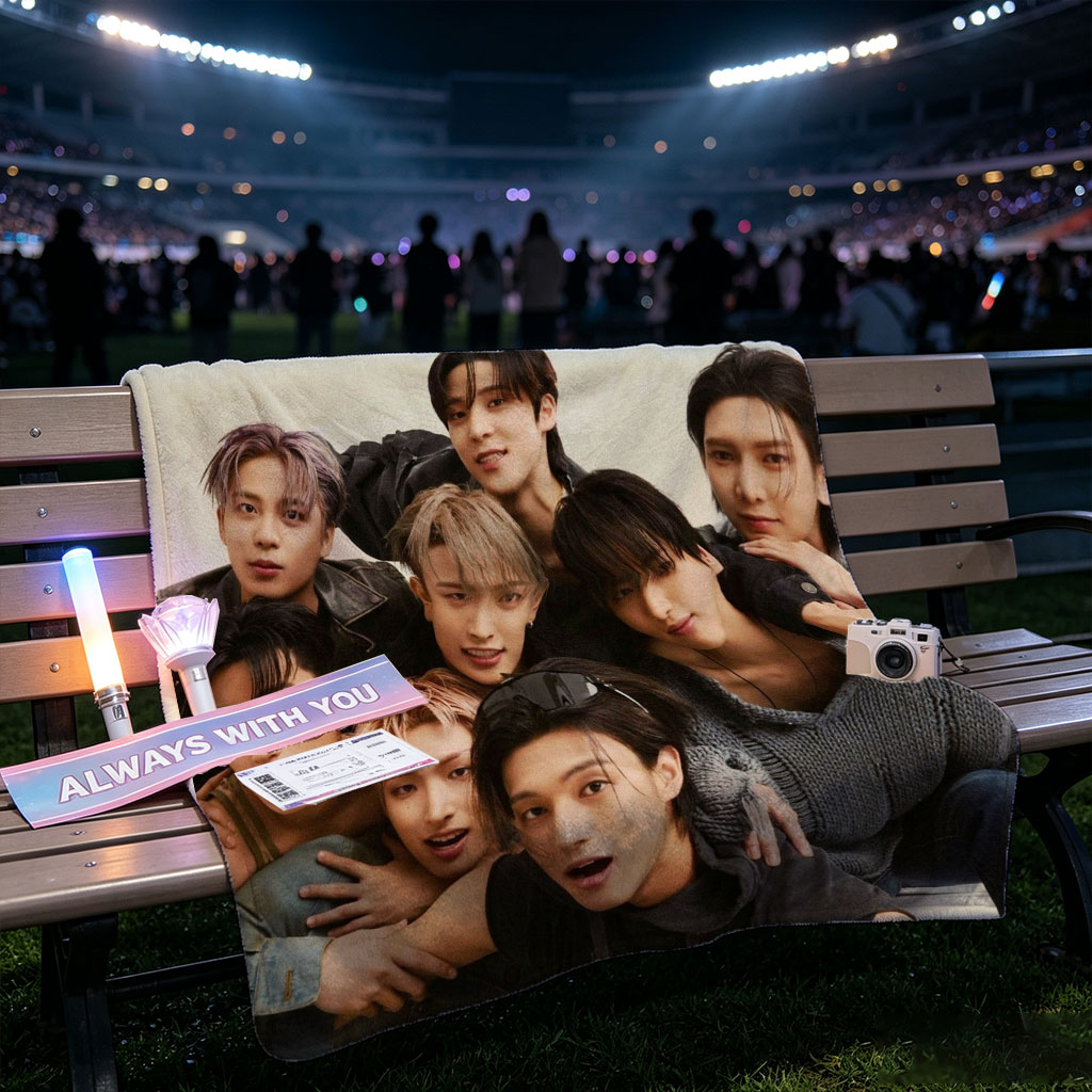 Stray Kids Group Photo - Members Posing Together in Casual Outfits with Expressive Faces - Blankets