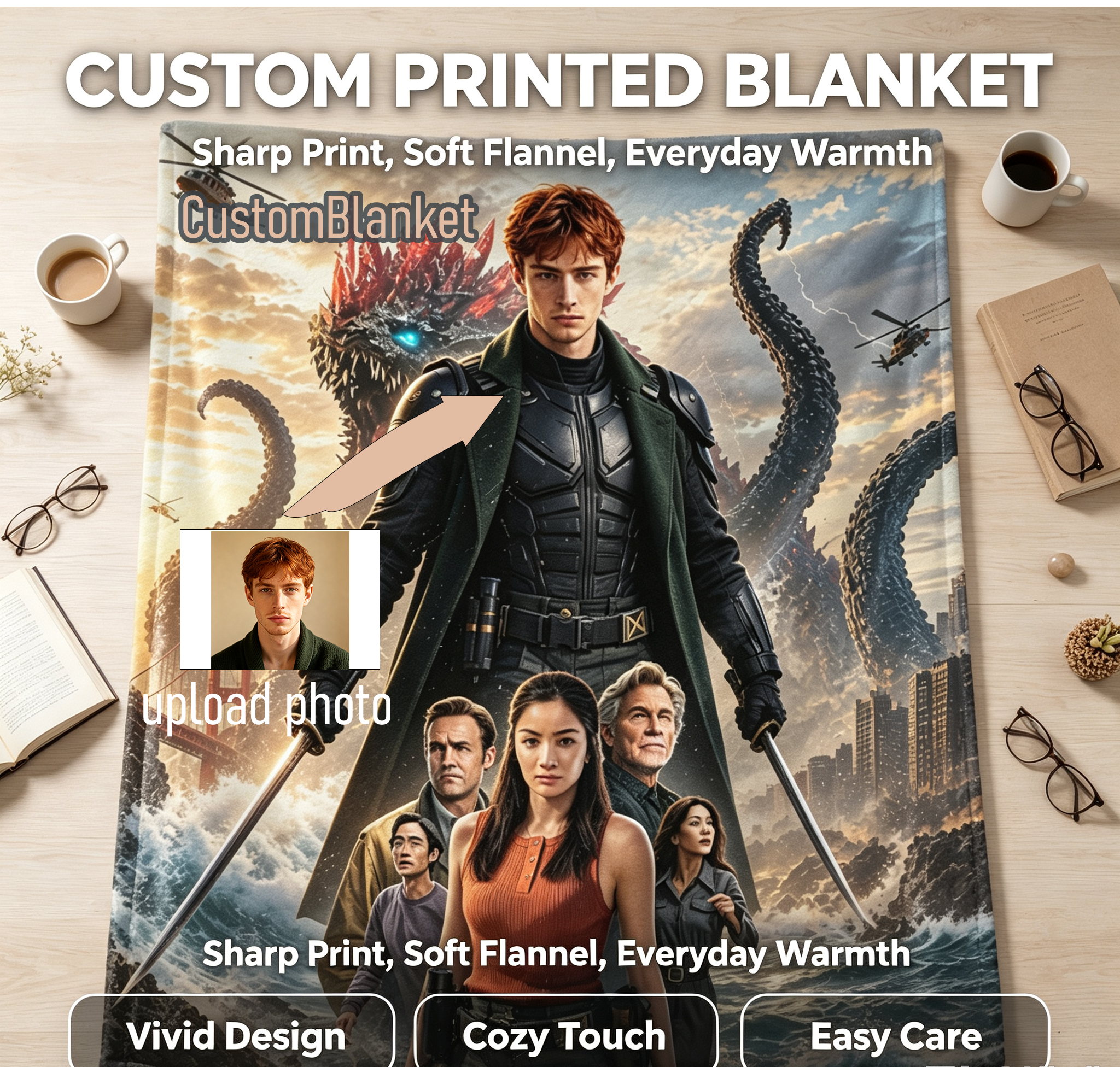 Custom Face Blanket Monarch Legacy of Monsters Flannel Blanket for Couch, Bed, or Travel – Perfect Gift for Fans of Sci-Fi and Monster Movies