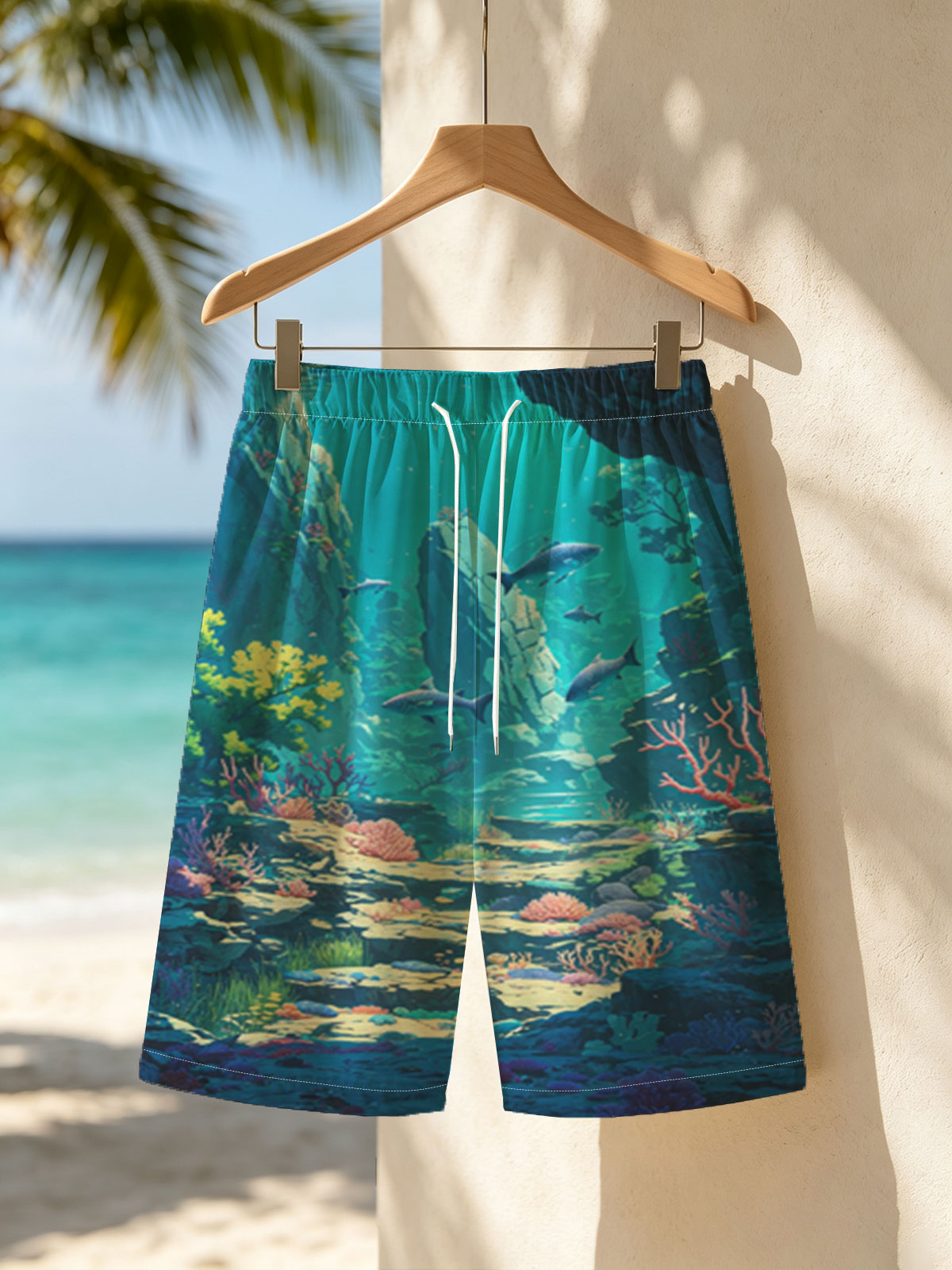 Underwater Paradise with Colorful Coral and Swimming Fish -  Beach shorts