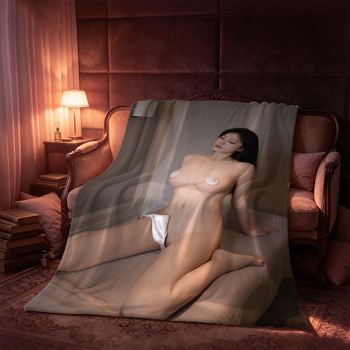 Two Elegant Women in Sheer Black Panties Kissing on Bed - Blanket