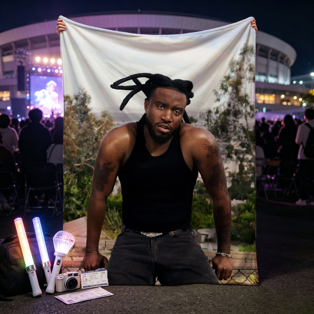 T-Pain Outdoors in Los Angeles, Wearing Black Tank Top and Jeans with Visible Tattoos and Dreads - Blankets