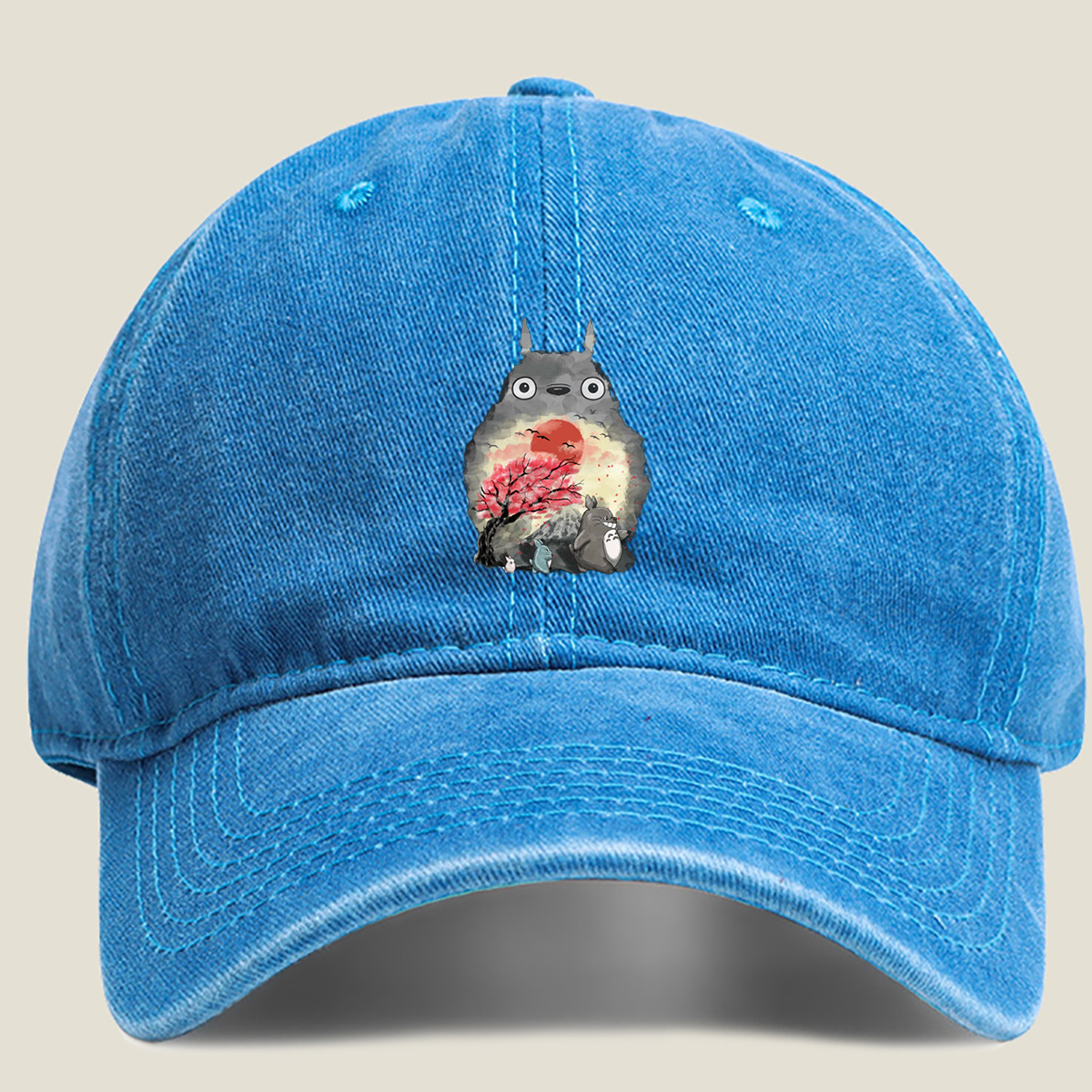 Totoro and Friends in Cherry Blossom Sunset - Washed Denim - Baseball Cap