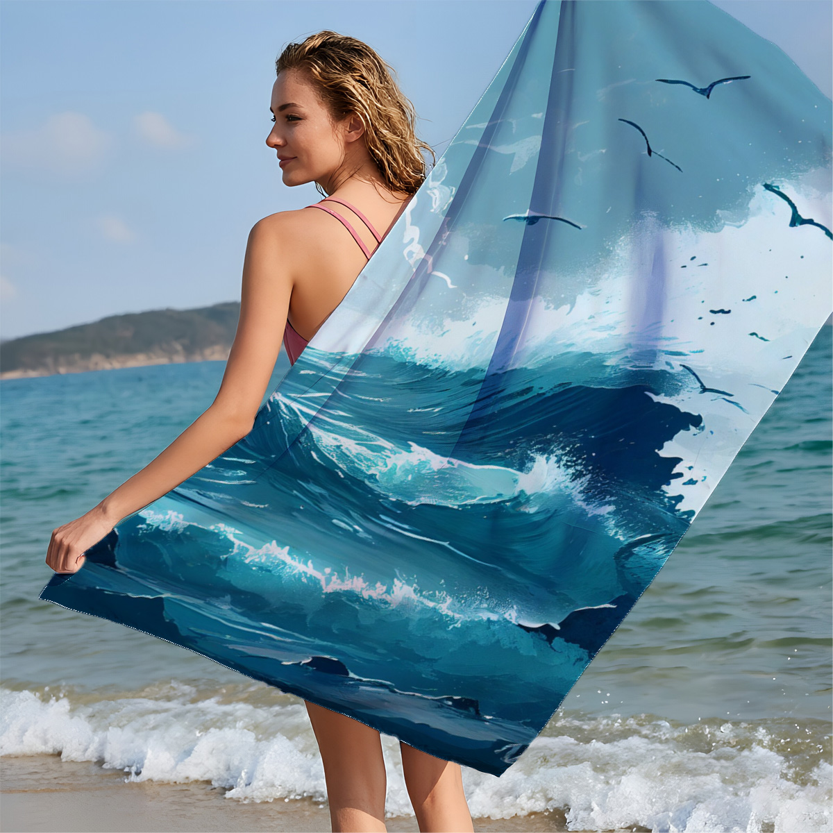 Mighty waves crash against rocks as seagulls soar above the stormy sea. - Beach towels