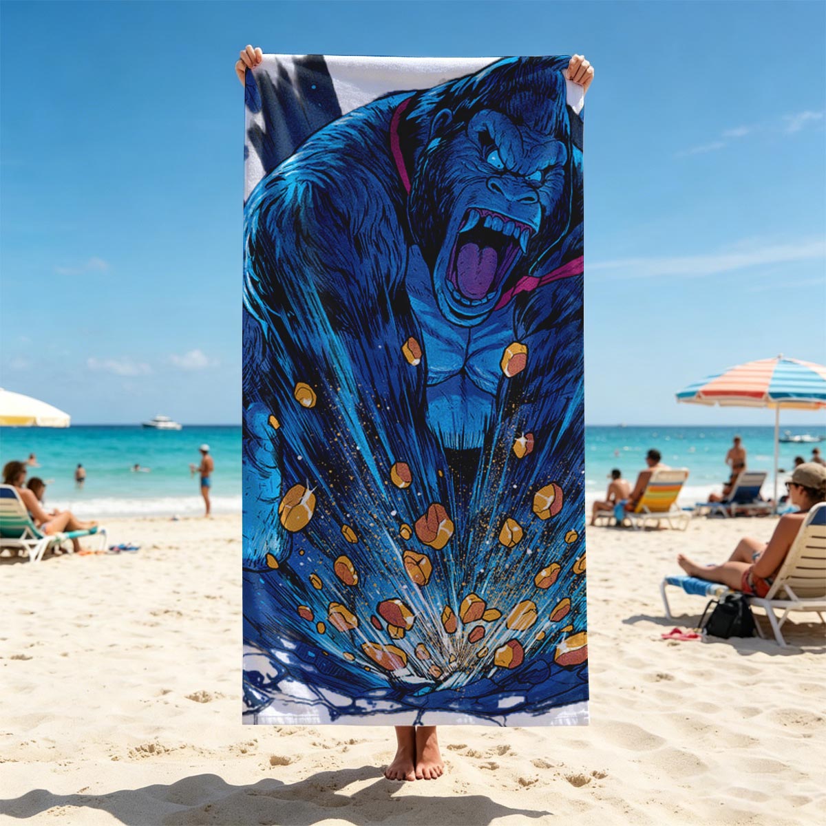 Gorilla King Unleashes Cosmic Power in Epic Clash - Beach towels