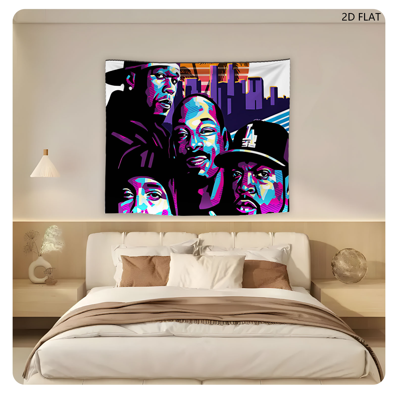 N.W.A. - Compton's Most Wanted: Ice Cube, Dr. Dre, Eazy-E, and MC Ren in Vibrant Urban Art Style - Tapestry