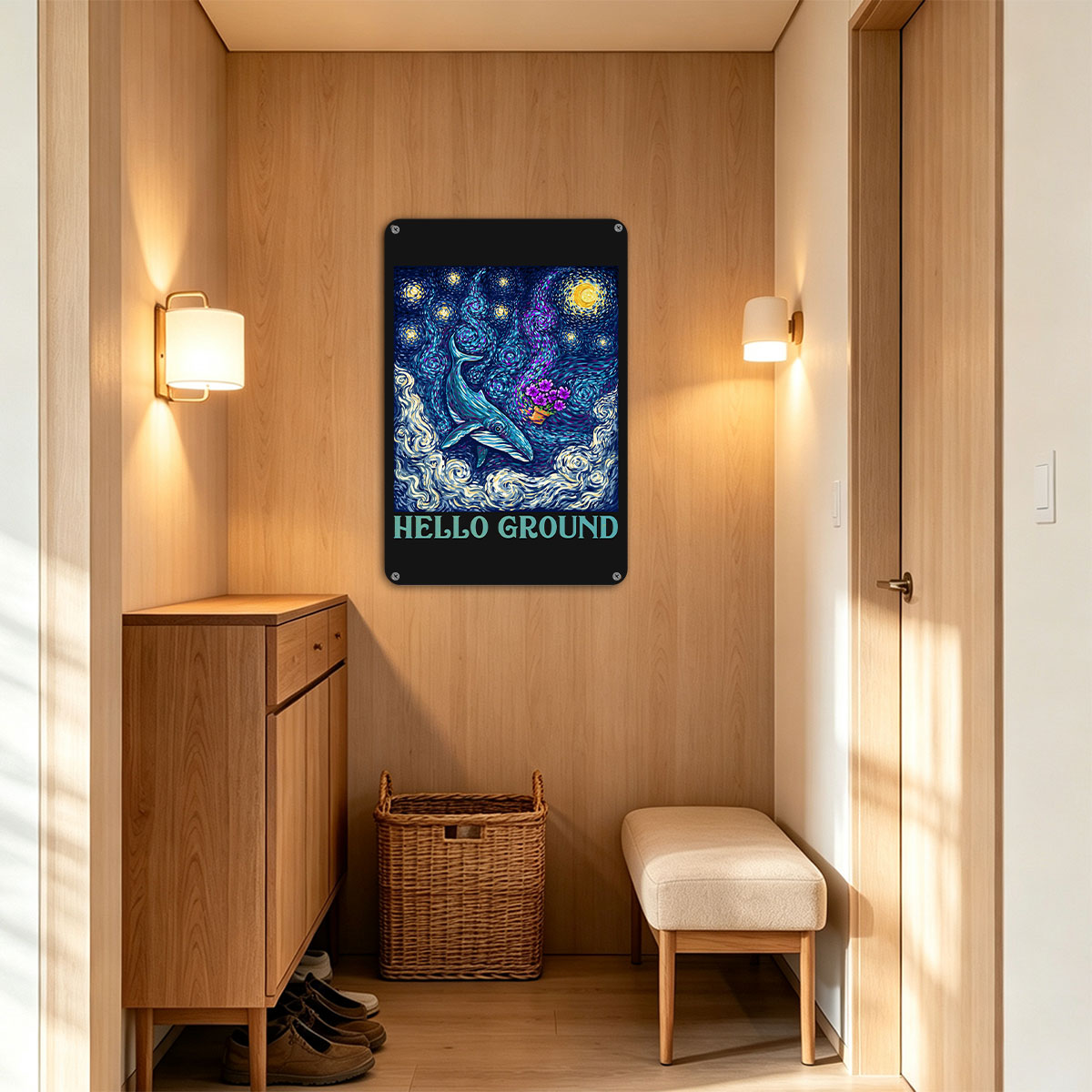 Whale in Starry Night Sky with Purple Flowers and 