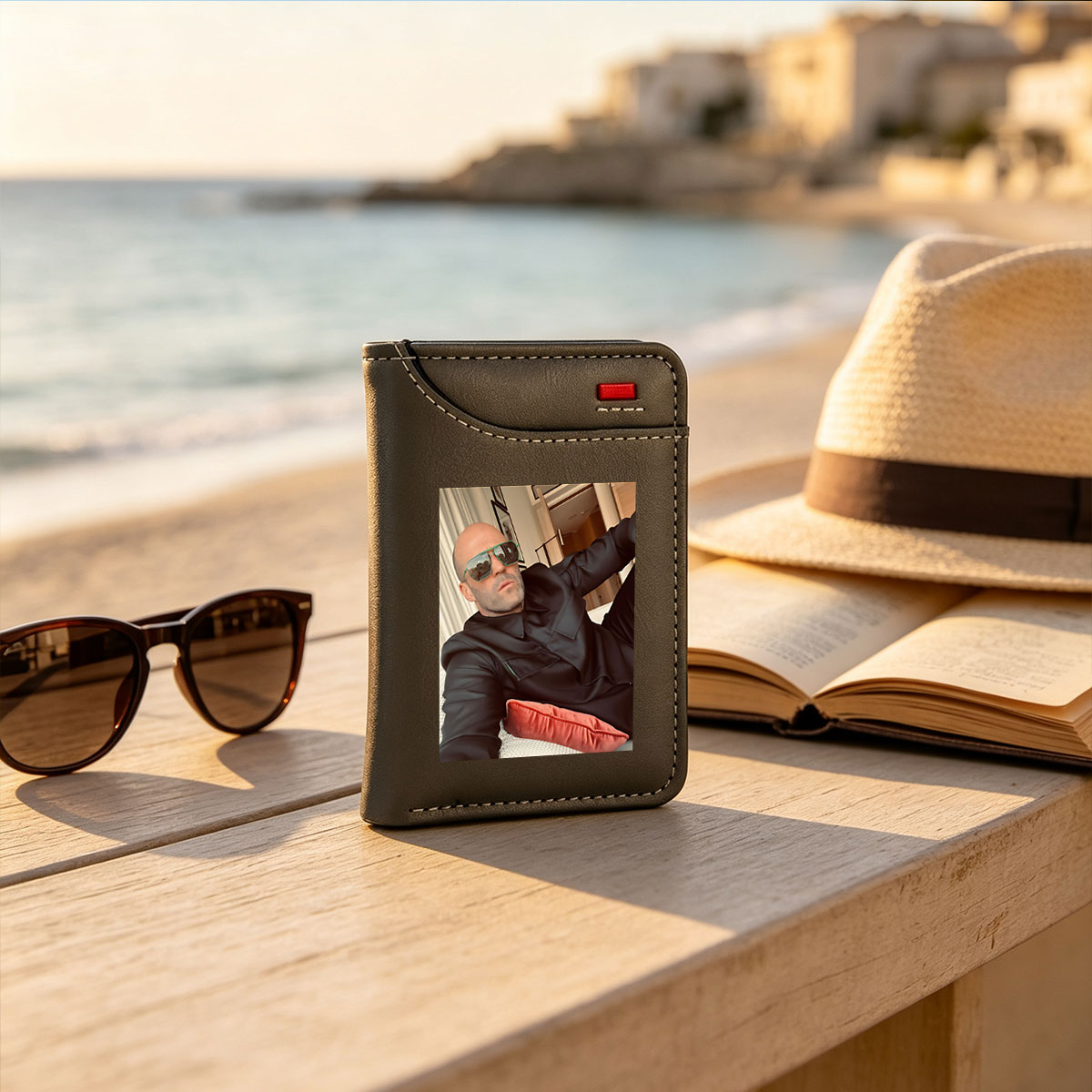Jason Statham in Black Suit and Green Sunglasses, Relaxed Pose with Red Pillow - Vertical Style Wallet