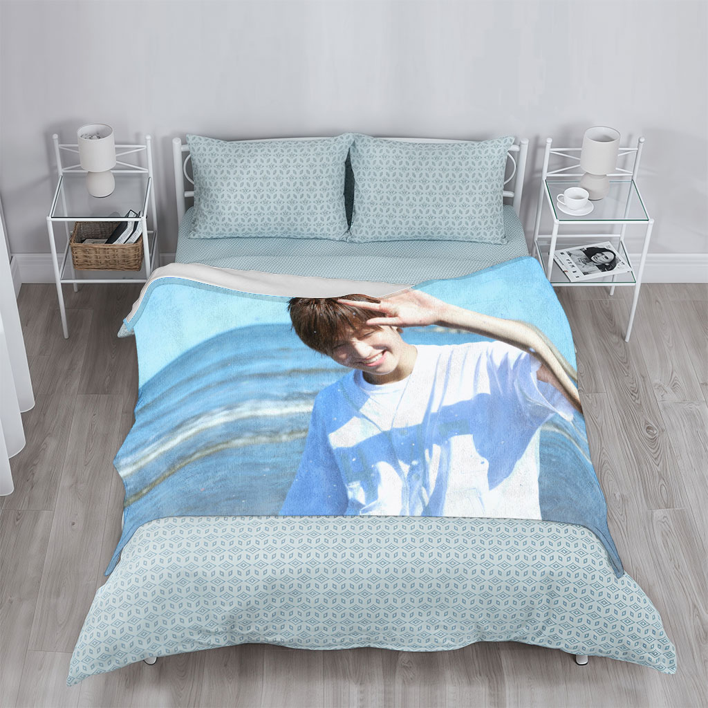 BTS Jungkook Beach Scene Smiling and Waving in White T-Shirt - Blankets