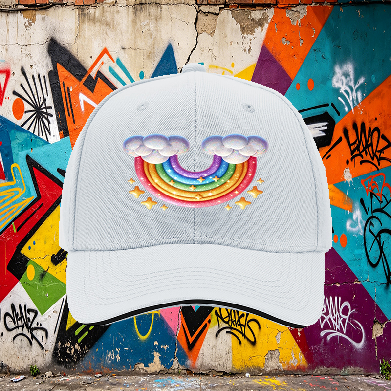 Unisex Classic Sandwich Hat with Rainbow and Cloud Print - Perfect for Outdoor Activities, Festivals, and Casual Wear - Ideal for Adults and Teens Seeking Fun, Colorful Headwear
