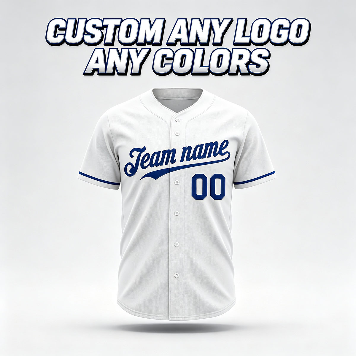 Custom Printed Kansas City Script Style Baseball Jersey White Royal Blue Trim Button Down Shirt for Men and Women