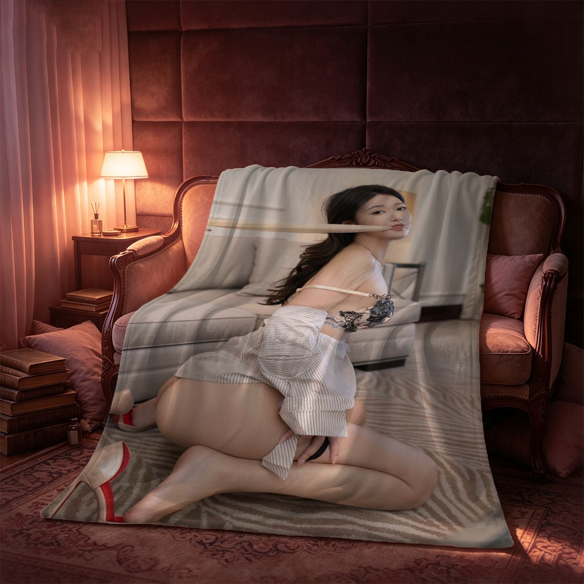 A woman in an unbuttoned white polka-dot shirt holding a moka pot in the kitchen. - Blanket