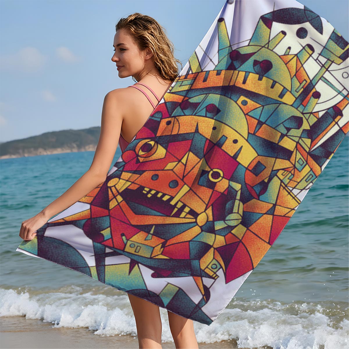 Abstract Mechanical Monster with Vibrant Geometric Design - Beach towels