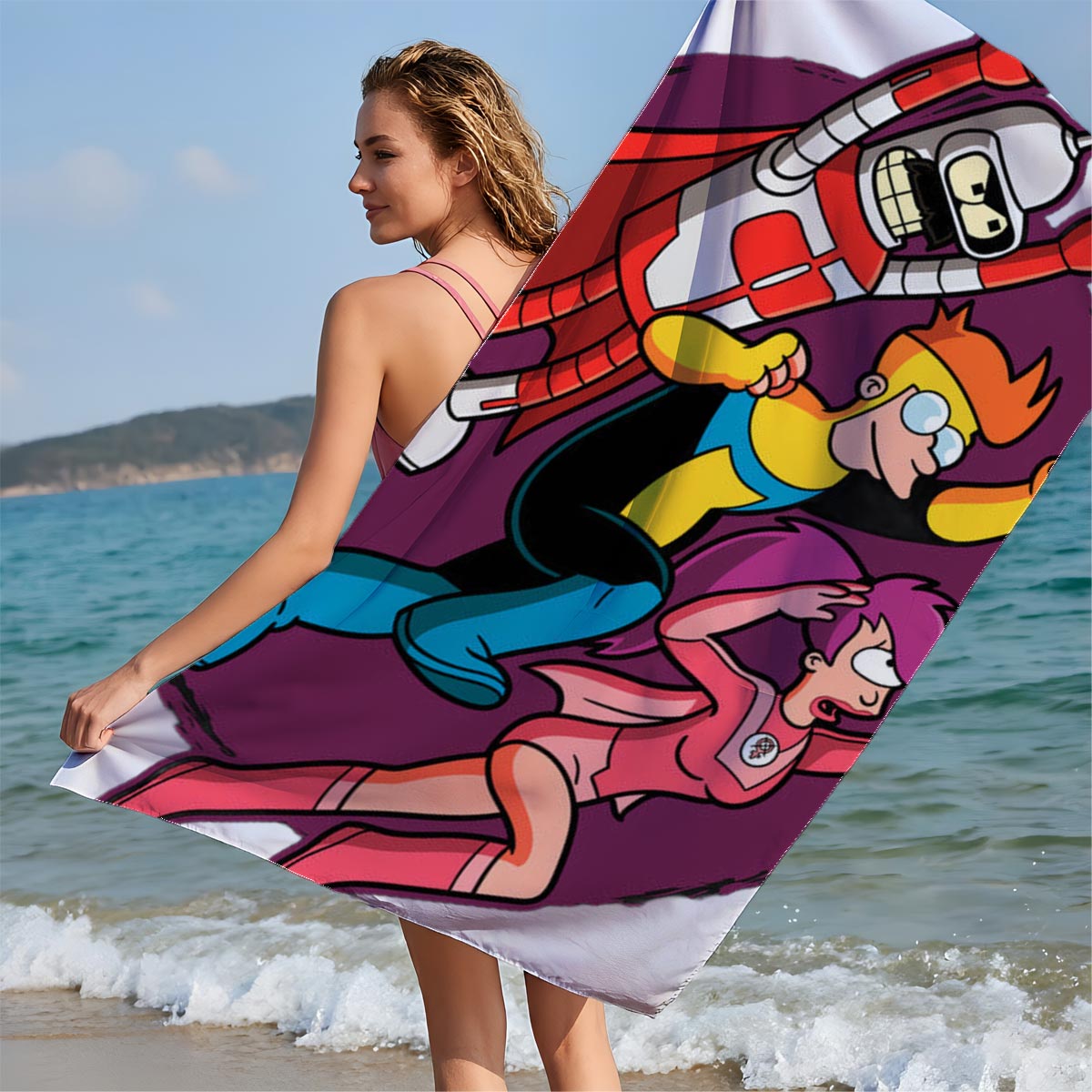 Futurama Characters: Bender, Fry, and Leela in Action Pose - Beach towels