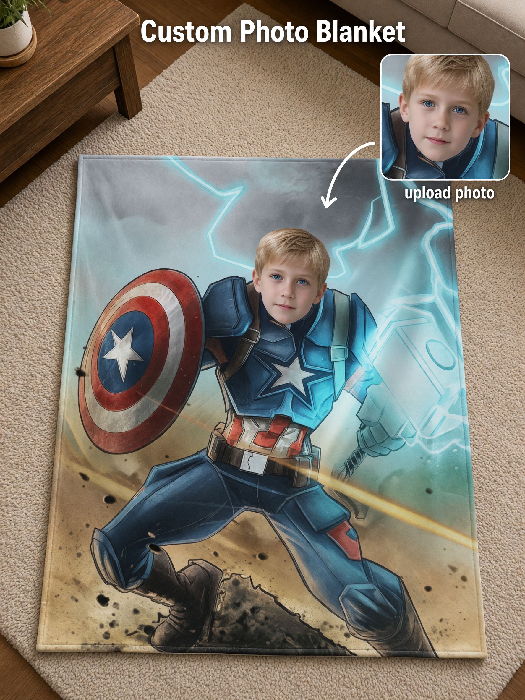 Custom Face Superhero Fleece Blanket, Personalized Photo Throw, Cozy Anti-Pilling Warm Gift for Kids