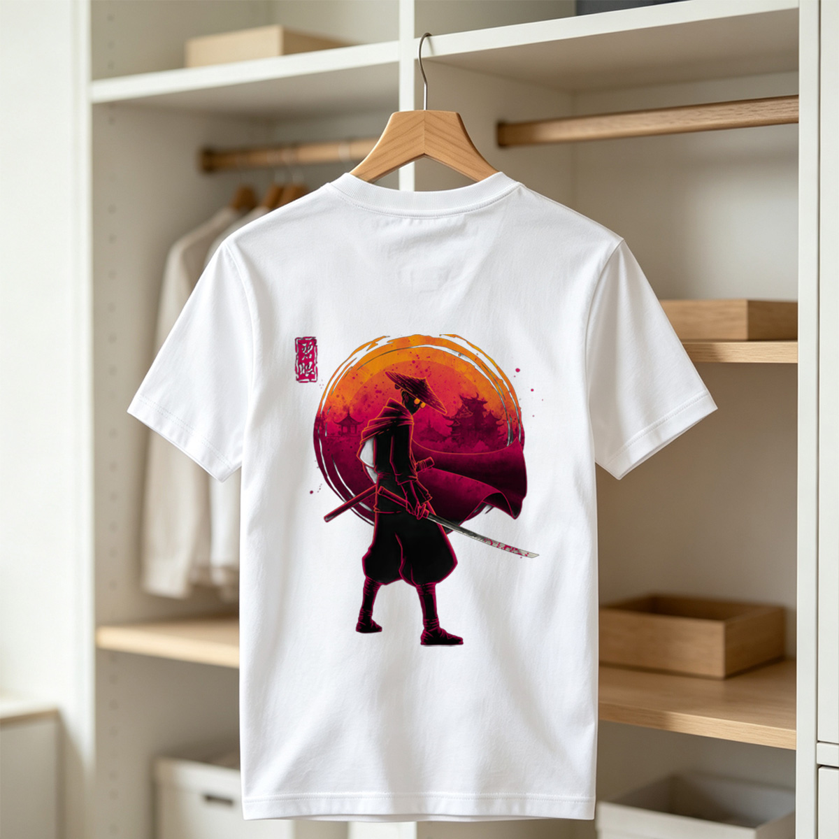 Samurai Warrior with Bloodied Sword Against Crimson Moon - Tee