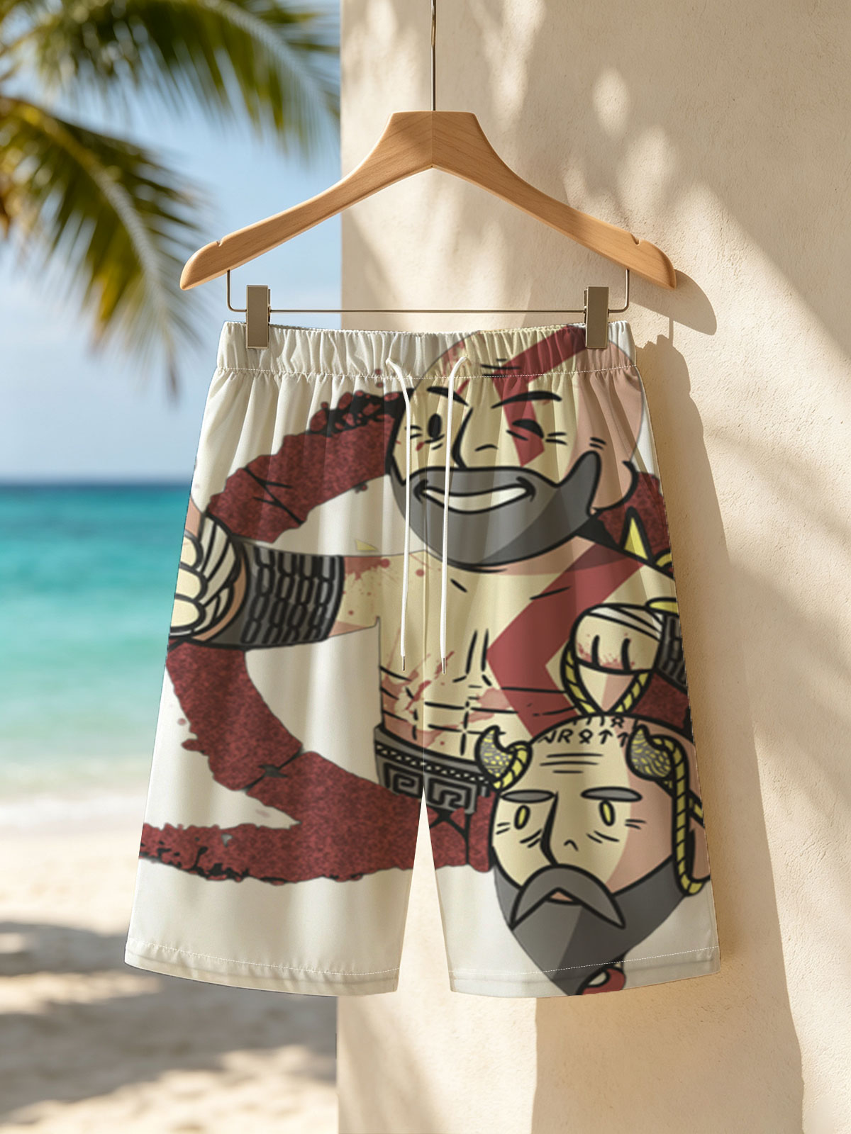 Kratos and Zeus in a stylized battle scene, Kratos giving a thumbs-up with Zeus's head at his feet -  Beach shorts