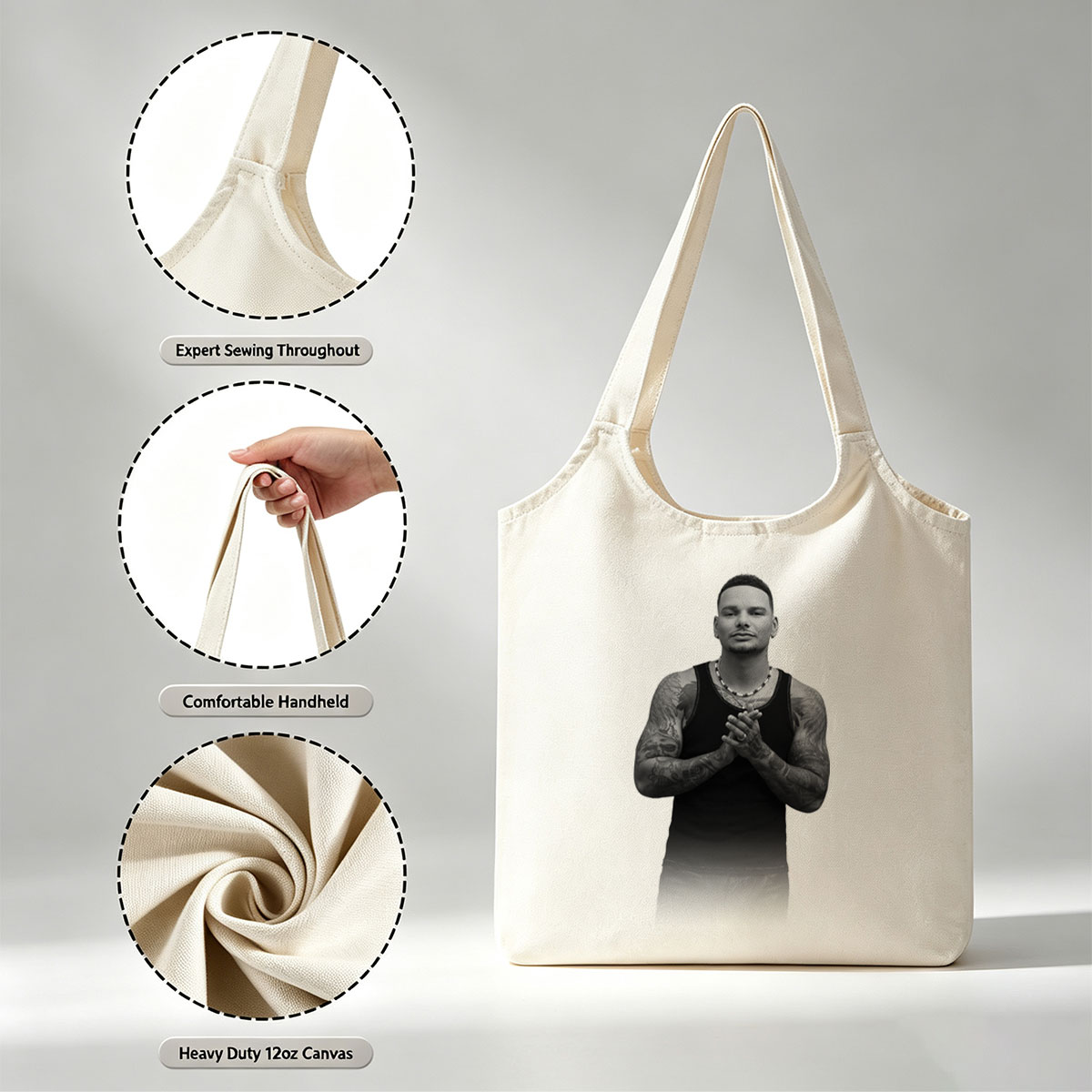 Daddy Yankee Clapping in Black and White Portrait with Tattooed Arms and Beaded Necklace - Canvas shoulder bags/