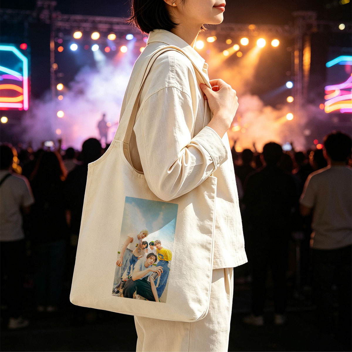 TXT Members Outdoors in Casual Wear Holding Drinks Under Blue Sky - Canvas shoulder bags/