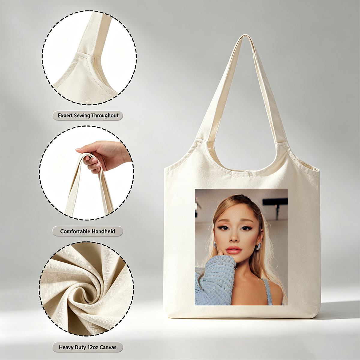 Ariana Grande in a Serene Moment Wearing a Light Blue Textured Top and Elegant Earrings - Canvas shoulder bags/