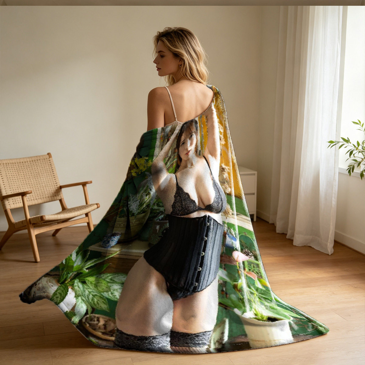 Nude Blonde on Chair by Window - Blanket