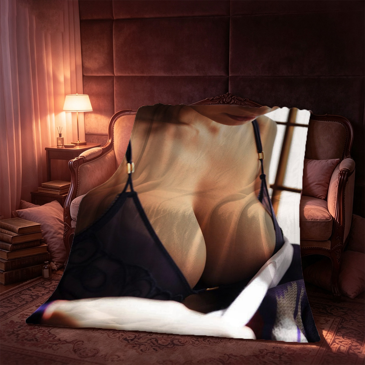 Beautiful woman in black and silver embellished lingerie kneeling on bed smiling with arms raised. - Blanket