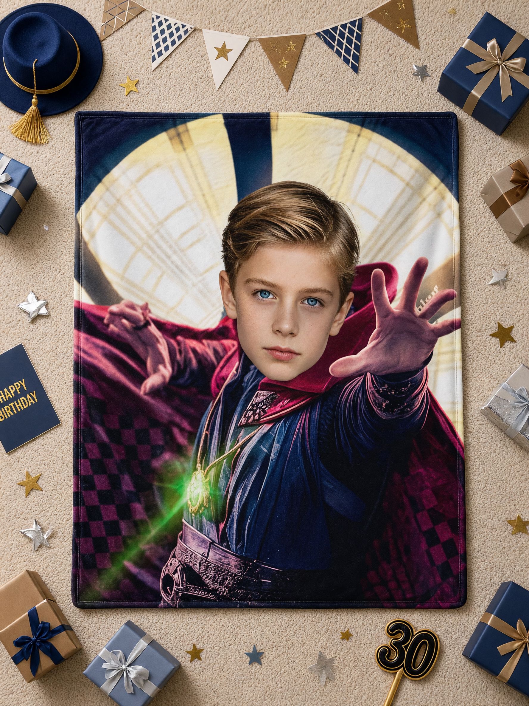 Custom Face Flannel Blanket Personalized Mystic Sorcerer Hero Throw Skin-Friendly Soft Plush Gift for Kids and Boys
