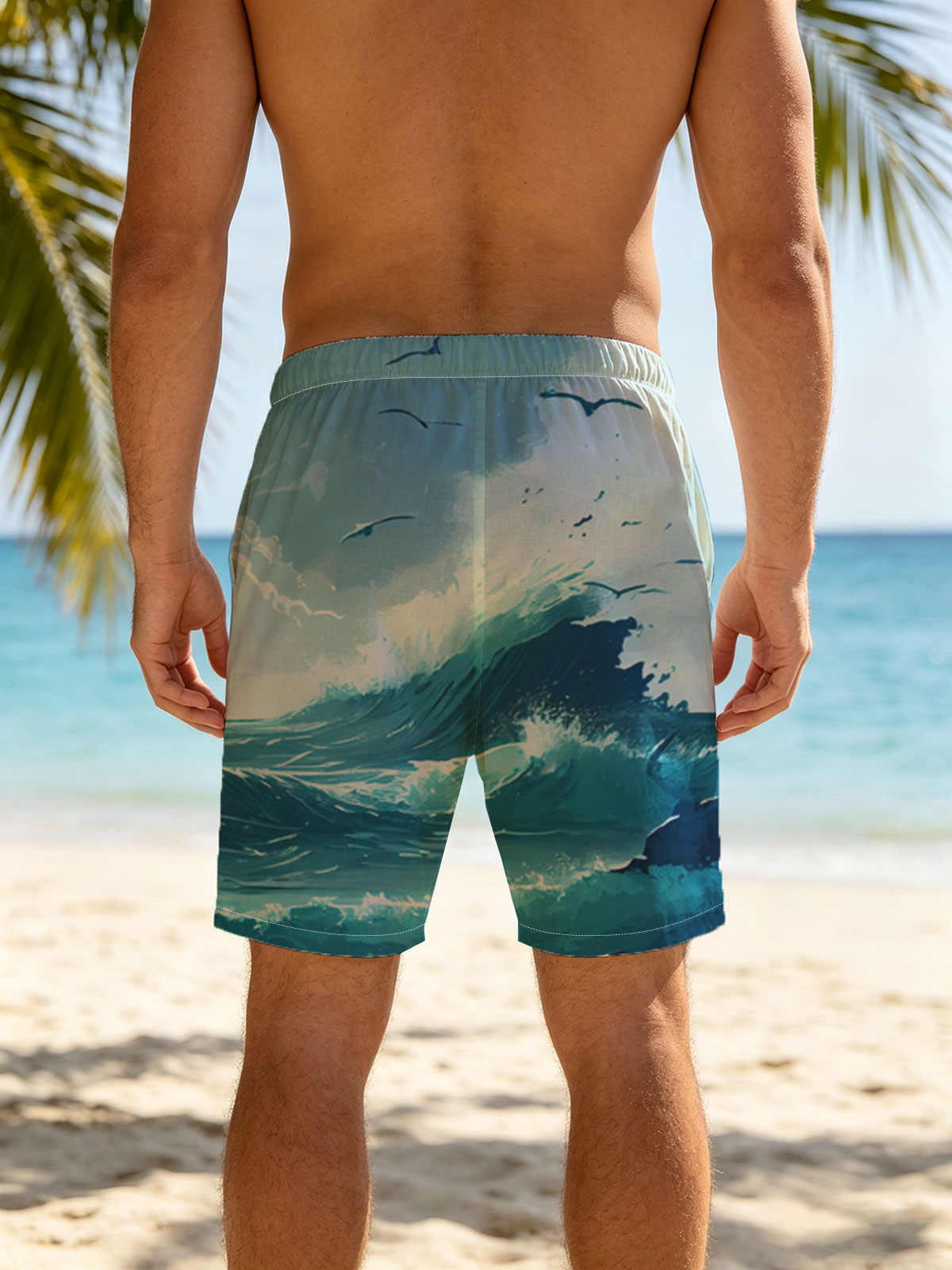 Mighty waves crash against rocks as seagulls soar above the stormy sea. -  Beach shorts