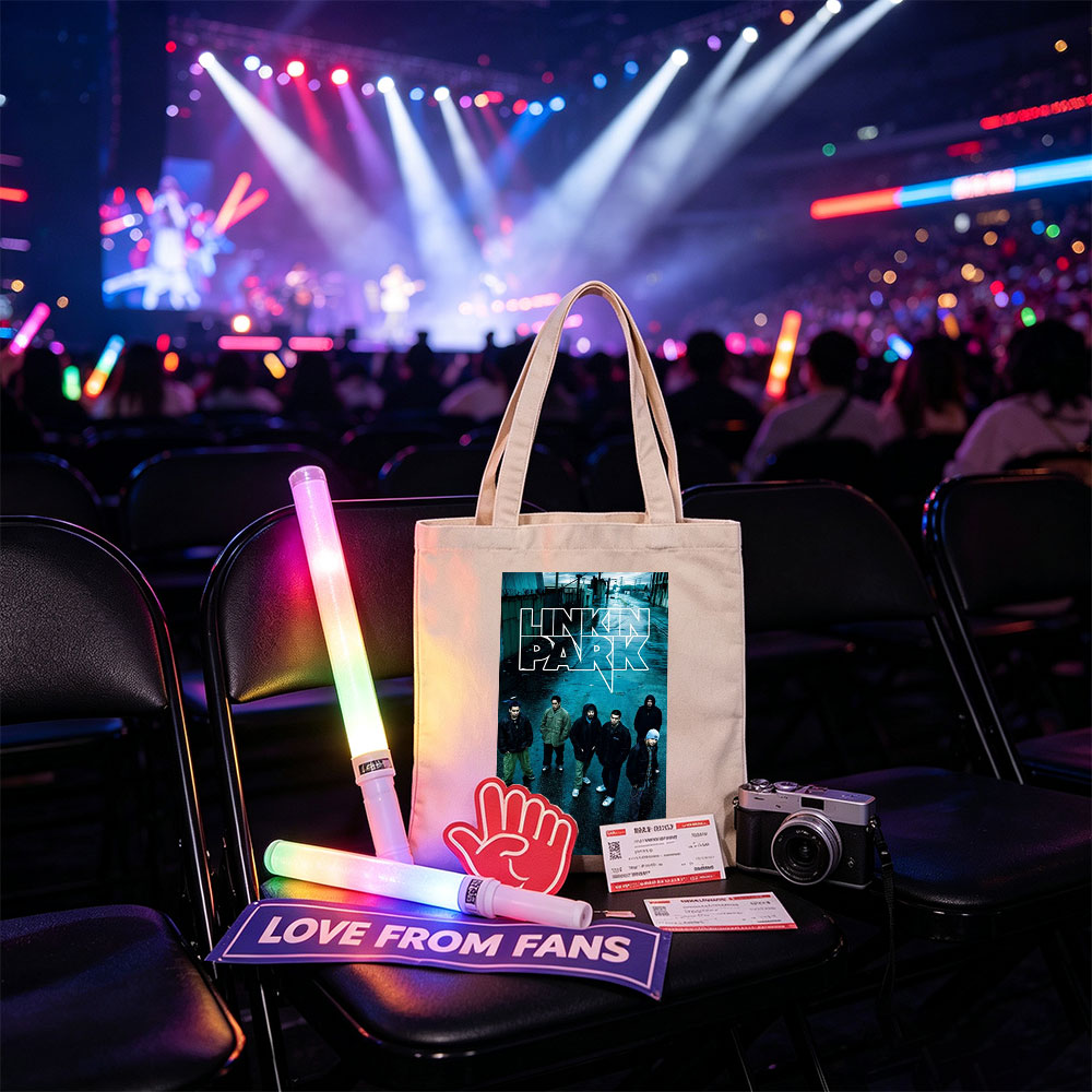 Linkin Park Band Standing in a Rainy Industrial Alleyway with Bold Logo Overlay - Canvas tote bags