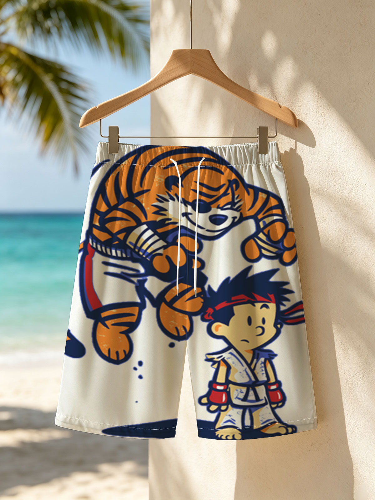 Tiger and Martial Artist Boy in Action Pose -  Beach shorts