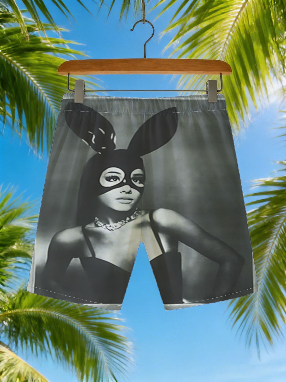 Bunny Masked Woman in Black Dress with Pearl Necklace -  Beach shorts