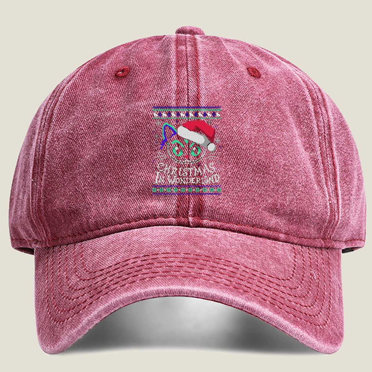 Christmas in Wonderland: Cheshire Cat Ugly Sweater Design - Washed Denim - Baseball Cap