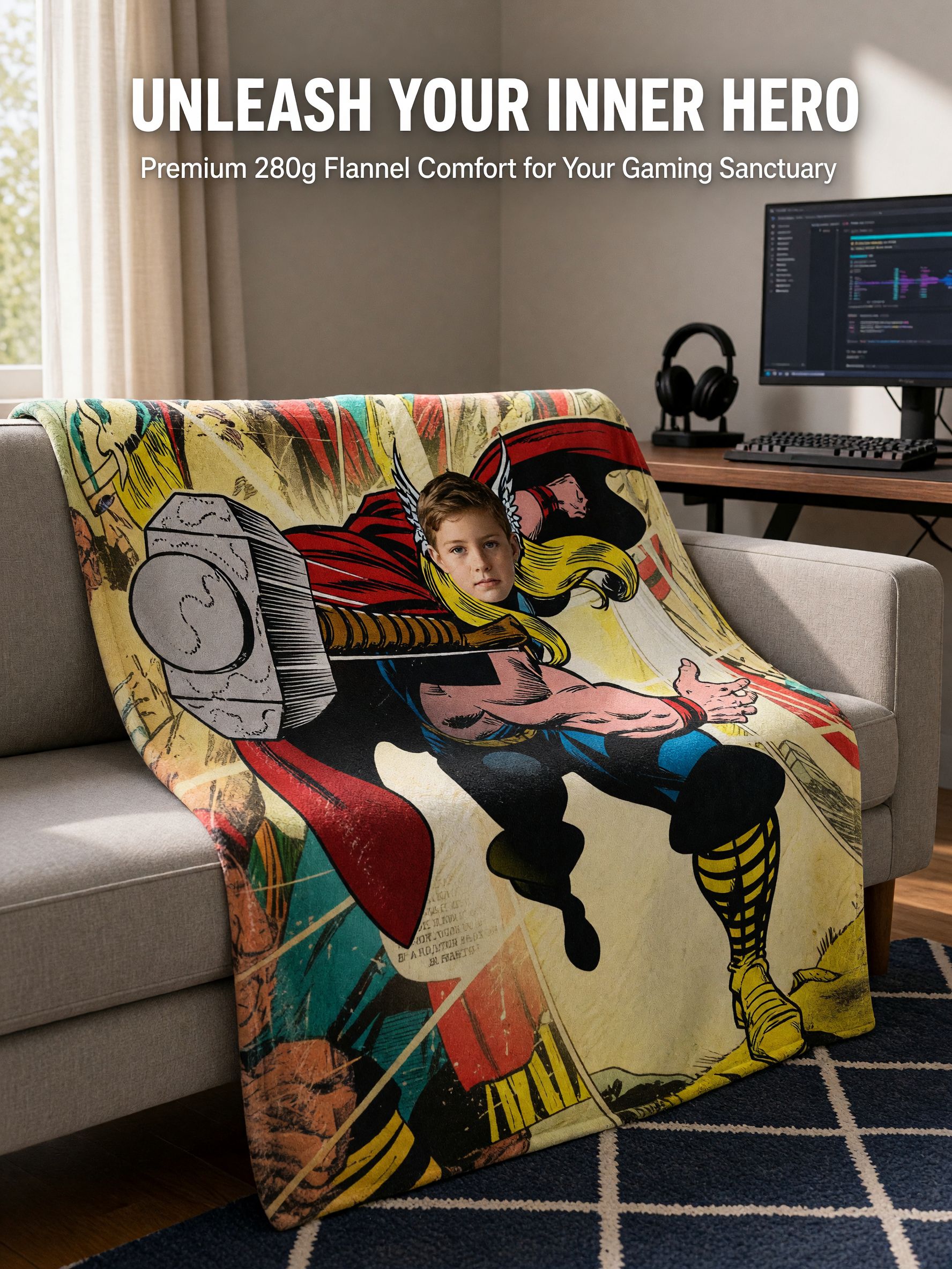 Custom Photo Comic Superhero Flannel Blanket, Personalized Face Throw Blanket, Skin-Friendly Anti-Pilling Cozy Bed