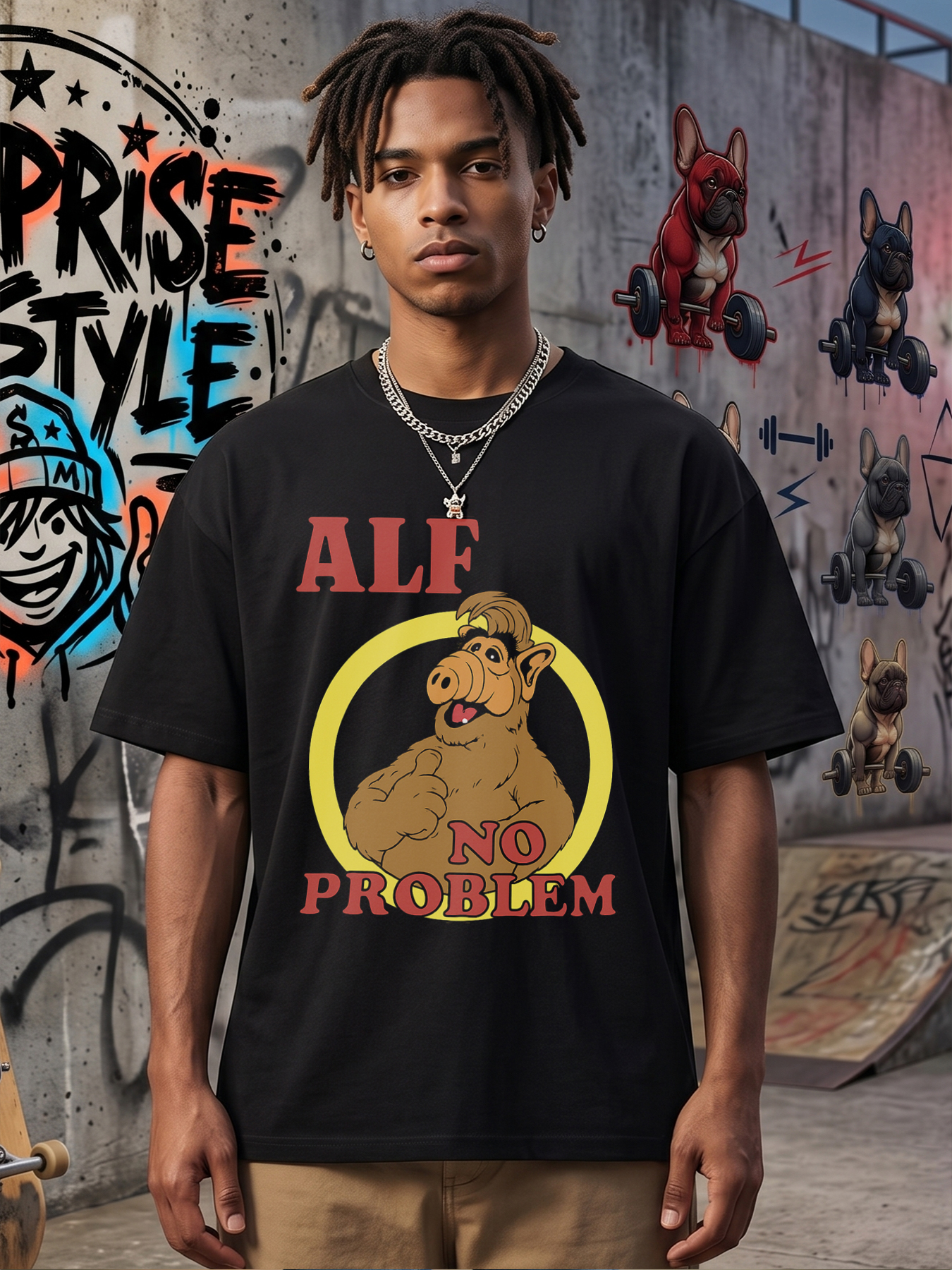 Men's Printed T-Shirt ALF No Problem Cartoon Character Design Casual Round Neck Summer Lightweight Breathable Short Sleeve T-Shirt for Fans of Classic TV Shows and Pop Culture Enthusiasts