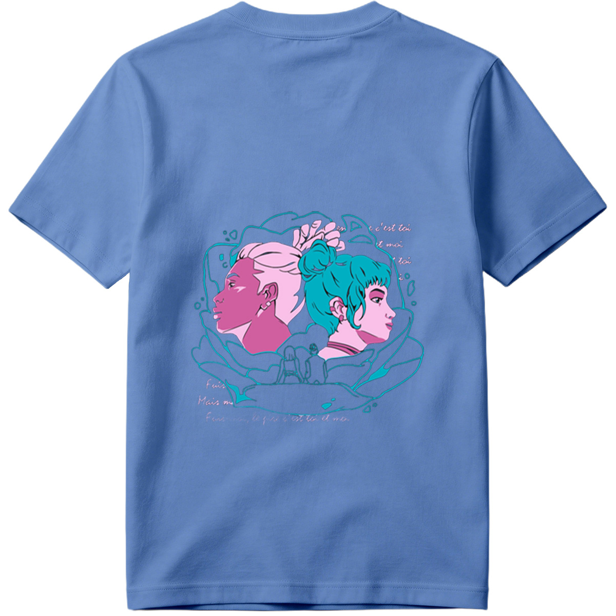 Two Women in Profile: A Stylized Artwork Featuring Pink and Teal Hair with French Text - Tee