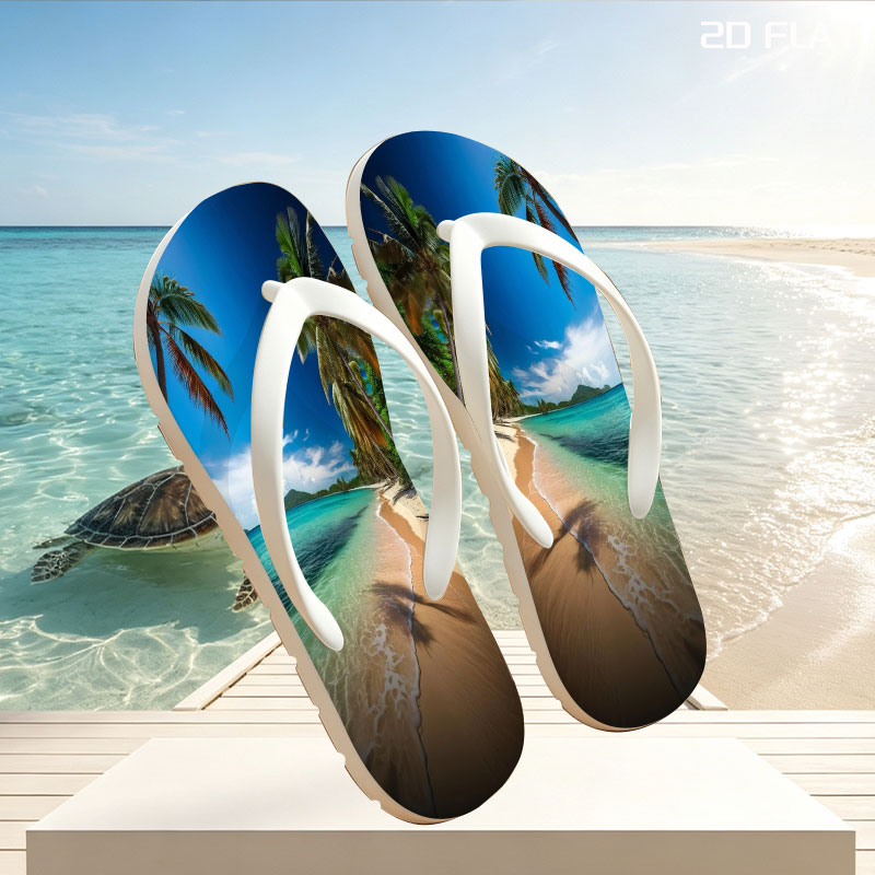 Tropical Beach with Palm Trees and Crystal Clear Water -  flip-flops