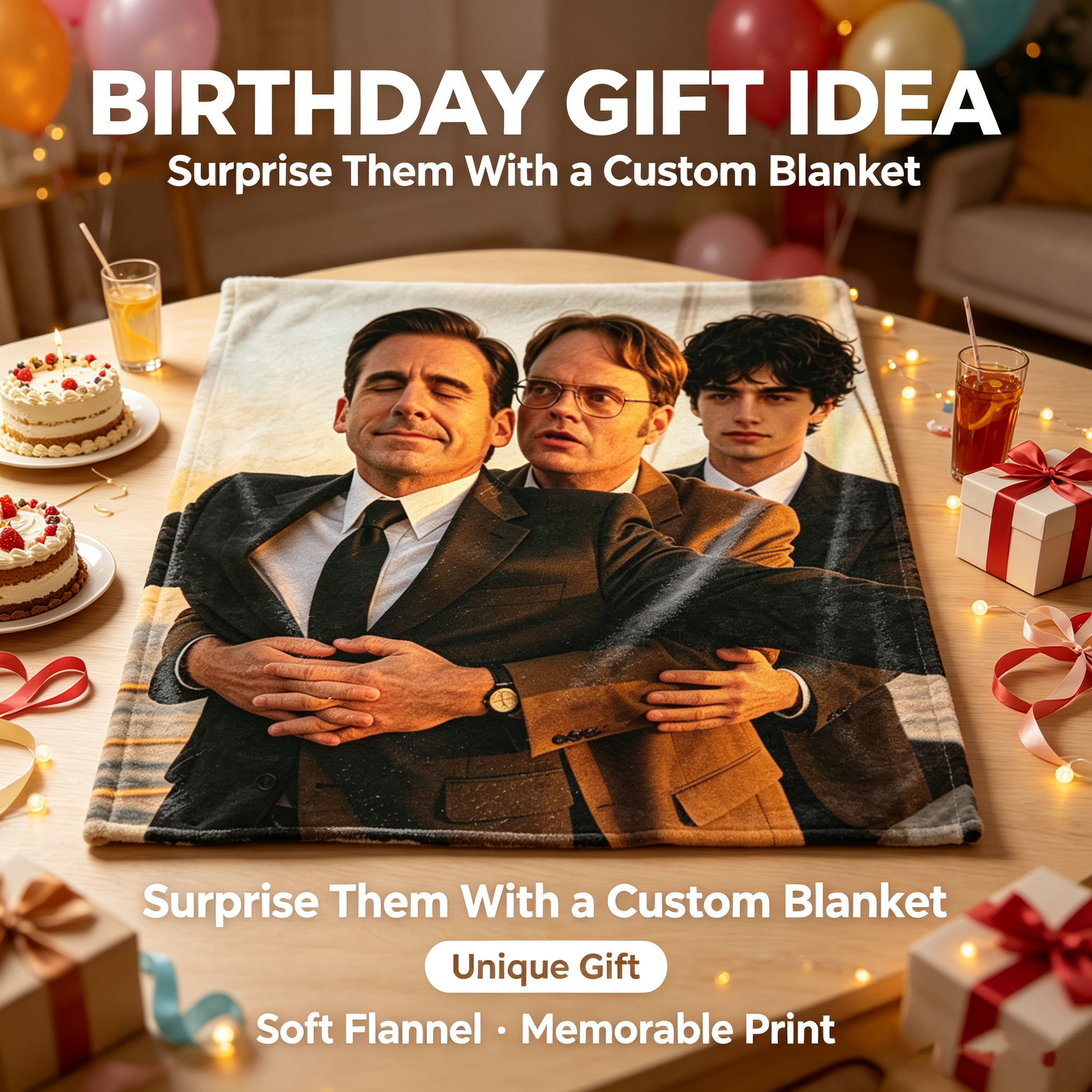 Custom Face Blanket - Steve Carell, Rainn Wilson, and Jacob Elordi on a Sailboat at Sunset Flannel Blanket - Perfect for Cozy Nights and Movie Marathons - Ideal Gift or Giveaway for Fans