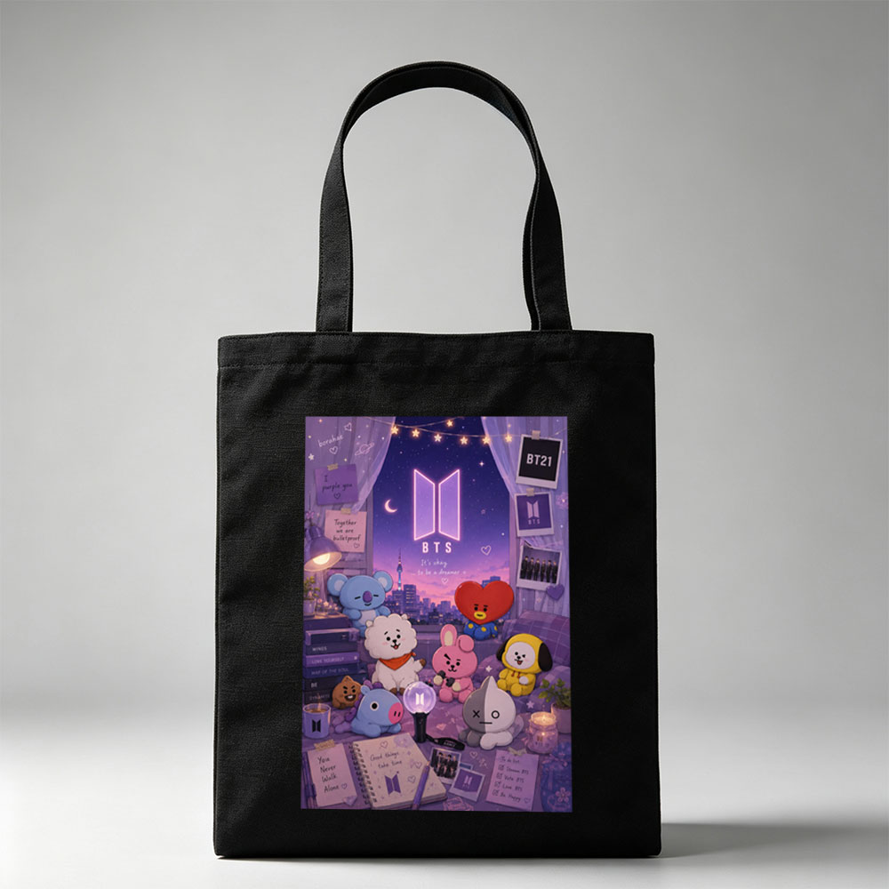 BTS BT21 Characters in a Cozy Room with City View and Dreamy Night Sky Decor - Canvas tote bags