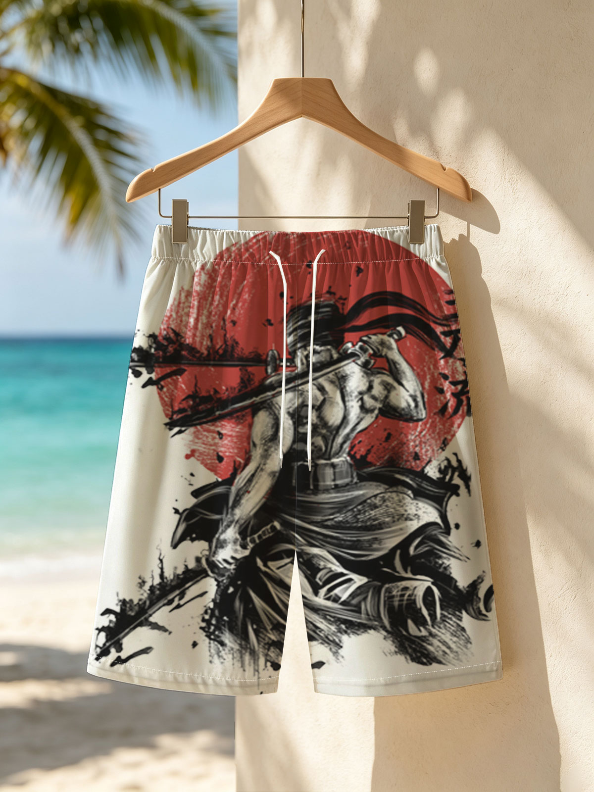 Samurai Warrior with Three Swords Against Red Sun Background -  Beach shorts