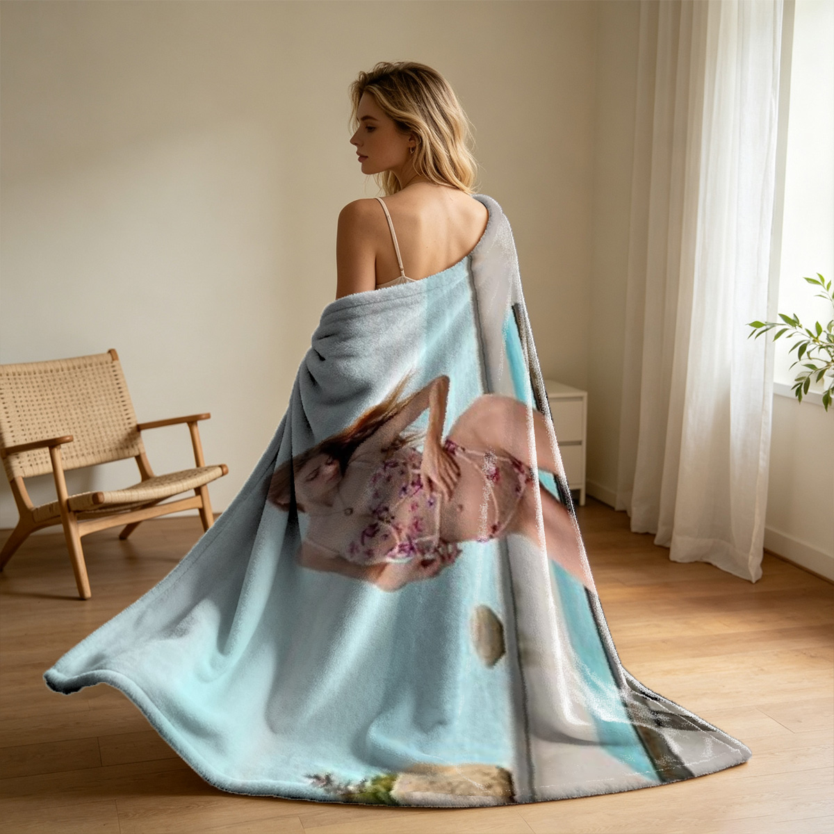 A brunette beauty in sheer white floral lingerie and open robe posing seductively indoors. - Blanket
