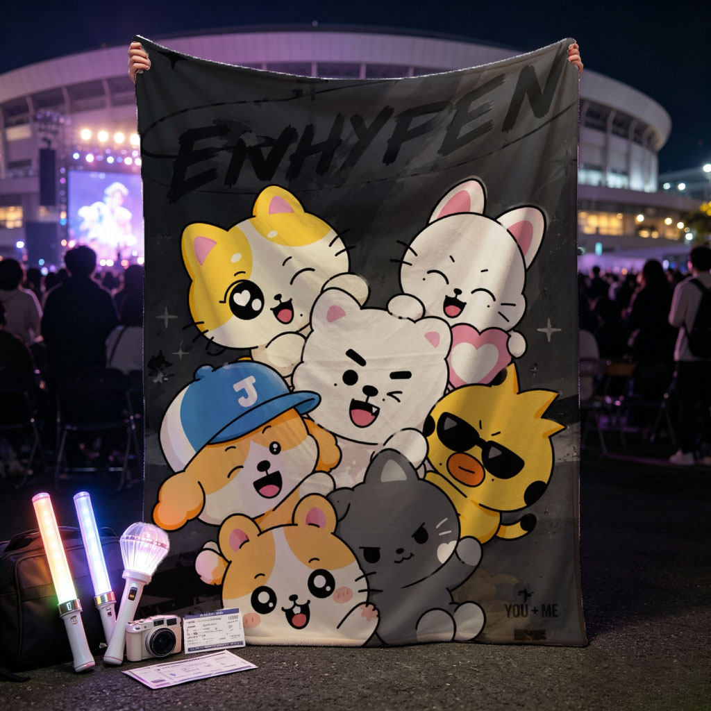 ENHYPEN Cute Cartoon Cats Group Pose on Dark Background Wallpaper - Blankets