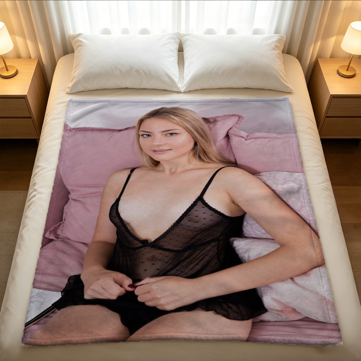 Nude Asian woman with bob haircut covering her breast on bed - Blanket