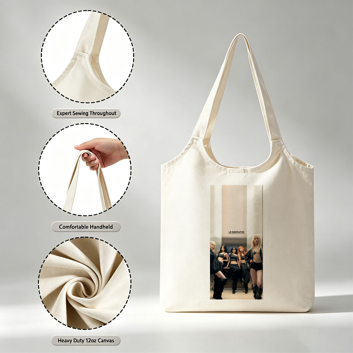 LE SSERAFIM Group Pose in Edgy Black Outfits Against Modern Wall Background - Canvas shoulder bags/