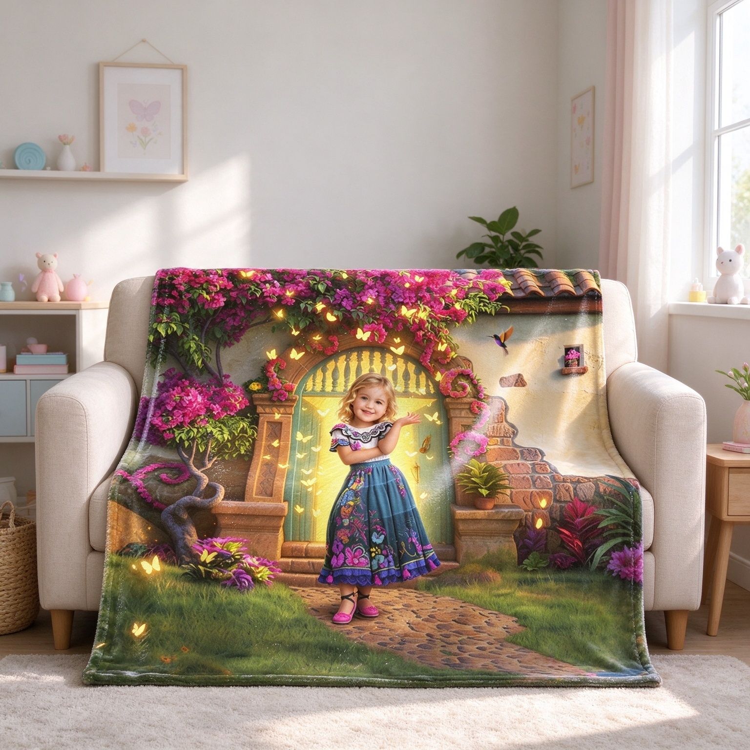 Custom Face Photo Blanket Personalized Magical Floral House Flannel Fleece Throw Warm Soft Keepsake Gift for Couch Bed