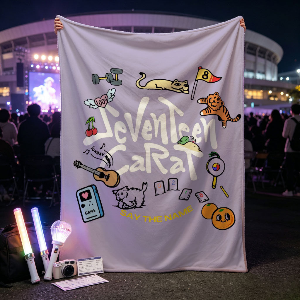 Seventeen Carat Say The Name Album Art Featuring Cats, Guitar, and Cute Icons - Blankets