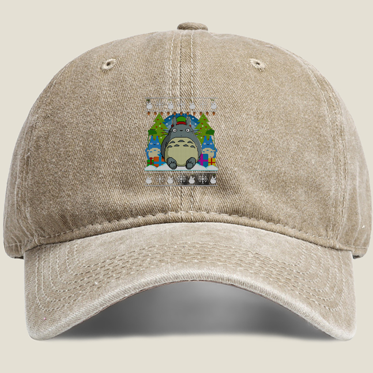 Totoro Christmas Knit Pattern - Washed Denim - Baseball Cap