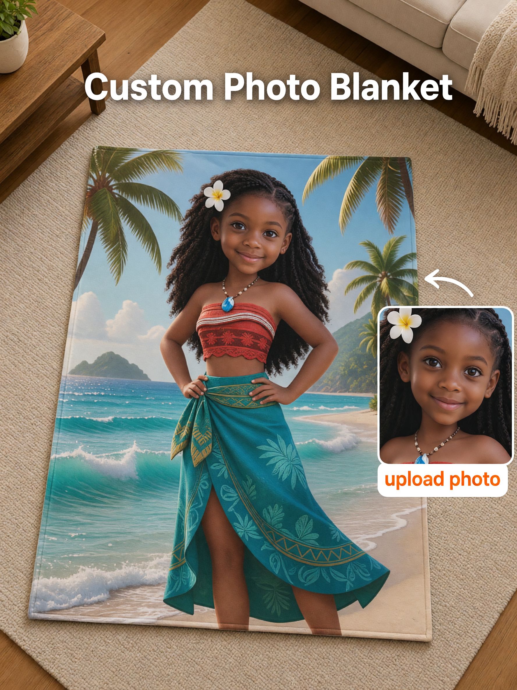 Custom Photo Face Blanket, Personalized Tropical Beach Flannel Throw, Ultra Soft Skin Friendly Fleece Cozy Gift