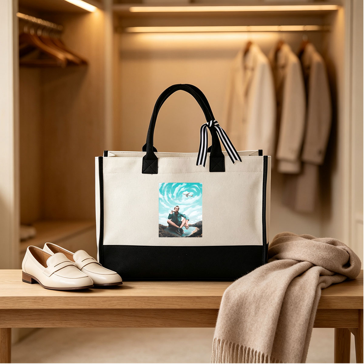 Man Sitting by Lake with Plane in Swirling Sky - Canvas patchwork gift tote bag