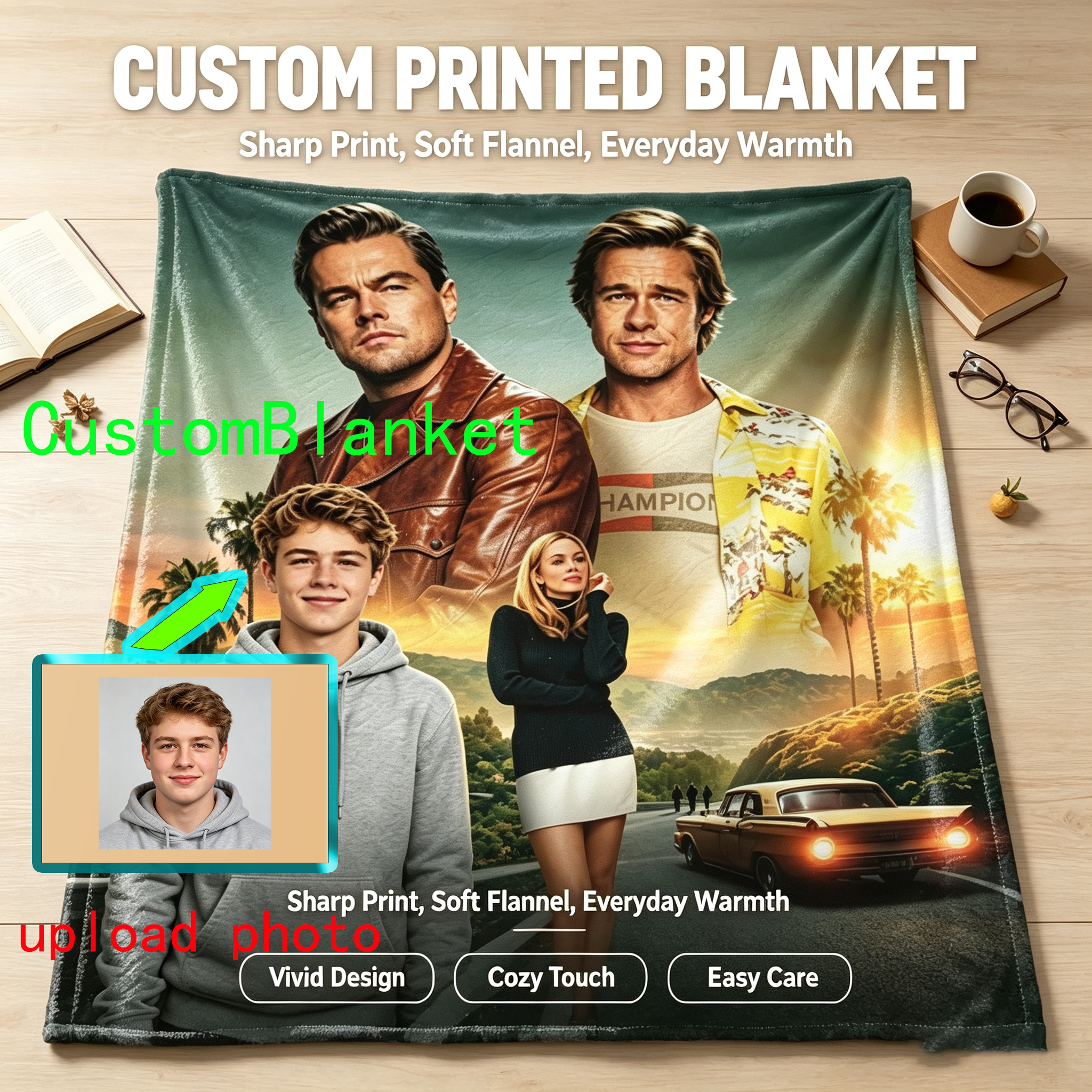 Custom Face Blanket Once Upon a Time in Hollywood Movie Characters Flannel Blanket Perfect for Couch or Bed Comfort Ideal Gift for Film Fans and Movie Lovers