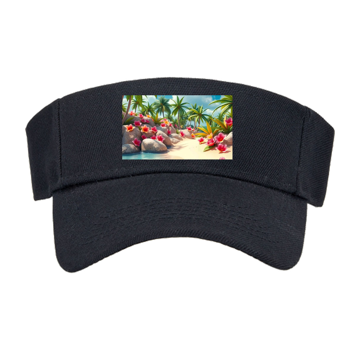 Tropical Beach with Palm Trees and Pink Flowers -  Visor cap