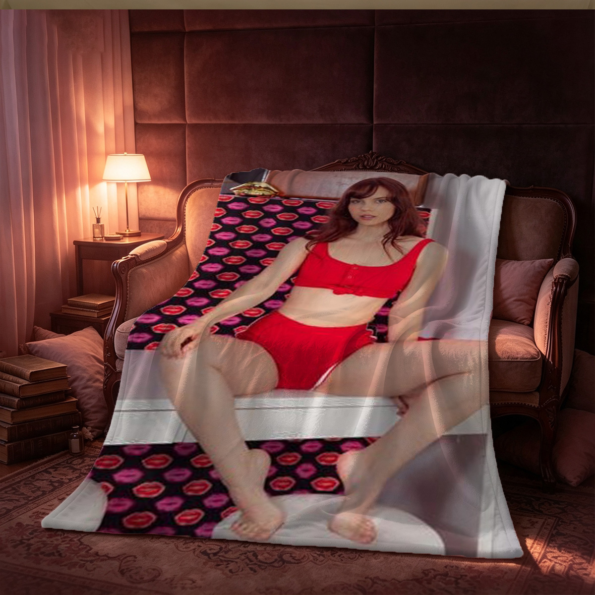 Scarlett Johansson in red lingerie standing in elegant room - Blanket
